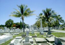 IS SOMETHING AMISS AT THE KEY WEST CEMETERY? a cemetery with many headstones and palm trees