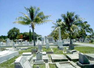 IS SOMETHING AMISS AT THE KEY WEST CEMETERY? a cemetery with many headstones and palm trees