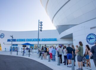 a group of people standing outside of a building