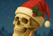 a hand holding a skull wearing a santa hat