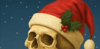 a hand holding a skull wearing a santa hat