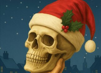 RED BARN’S SEASON OPENS WITH ‘SCROOGE MACBETH’ COMEDY a hand holding a skull wearing a santa hat