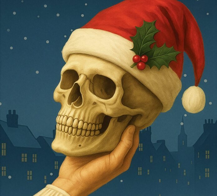 SCROOGE MACBETH logo no text 2 a hand holding a skull wearing a santa hat