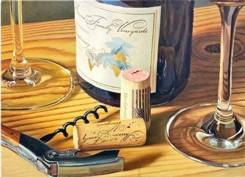 a painting of a bottle of wine and a corkscrew