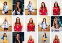 a collage of photos of women in sports uniforms