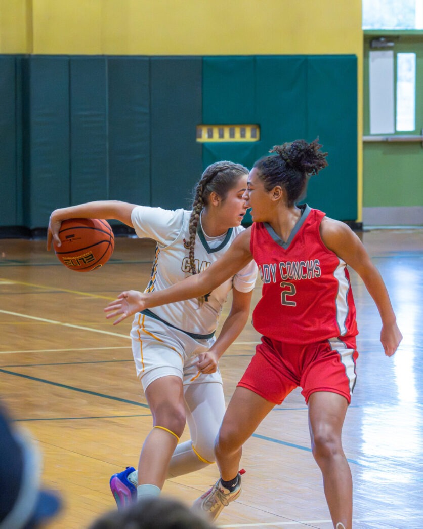 a group of young women playing a game of basketball
