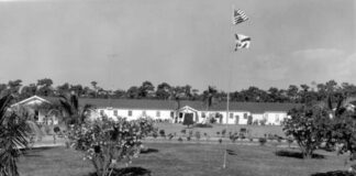 a black and white photo of a building and a flag