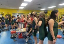 a group of women standing around a gym