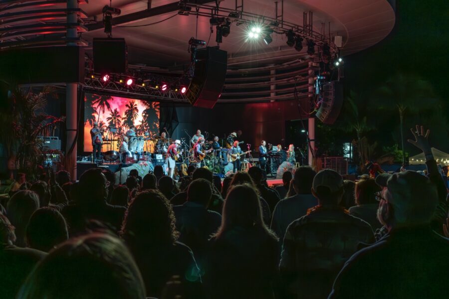 a crowd of people watching a band on stage