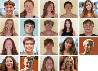 MEET THE 2025 ALL-KEYS SWIMMING & DIVING TEAM a group of people with different facial expressions