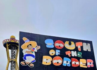 MILES TO GO: ROAD TRIP RESPONSIBILITIES a large sign that says south of the border