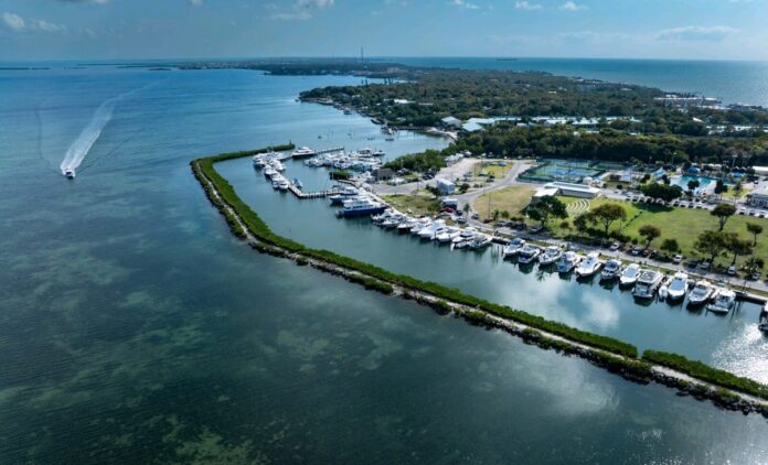 an aerial view of a marina in the middle of the ocean