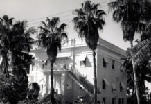 a large white building with palm trees in front of it