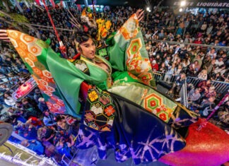 a woman in a costume is riding on a float