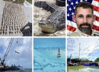 a collage of photos with a man and a boat
